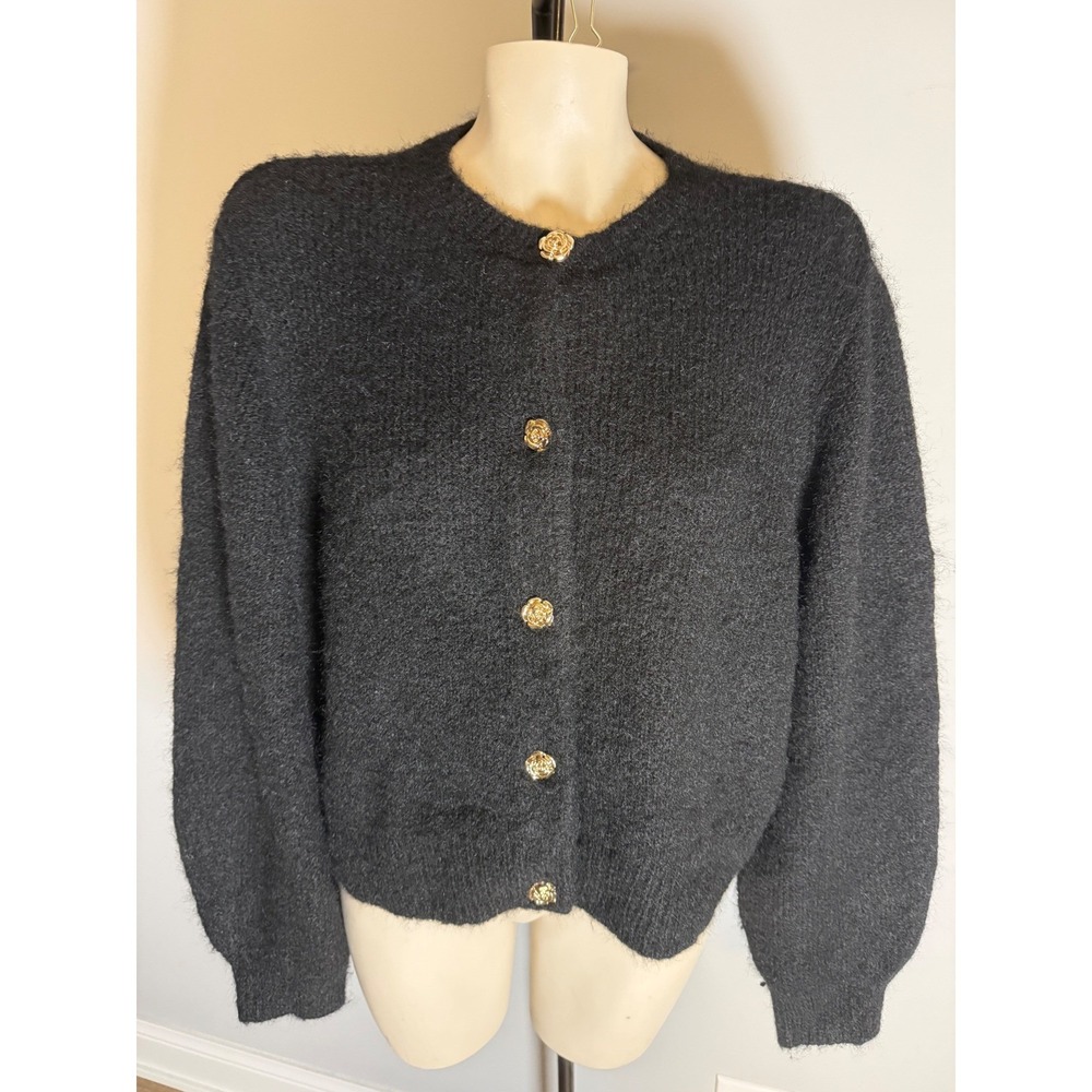 Ted Baker London Black Fuzzy Wool Blend Cardigan Gold Rose Buttons Large